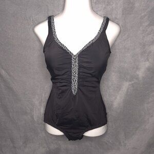 Maxine Black One-Piece Swimsuit 14 Polka Dot Trim Ruched Front Silver Buttons